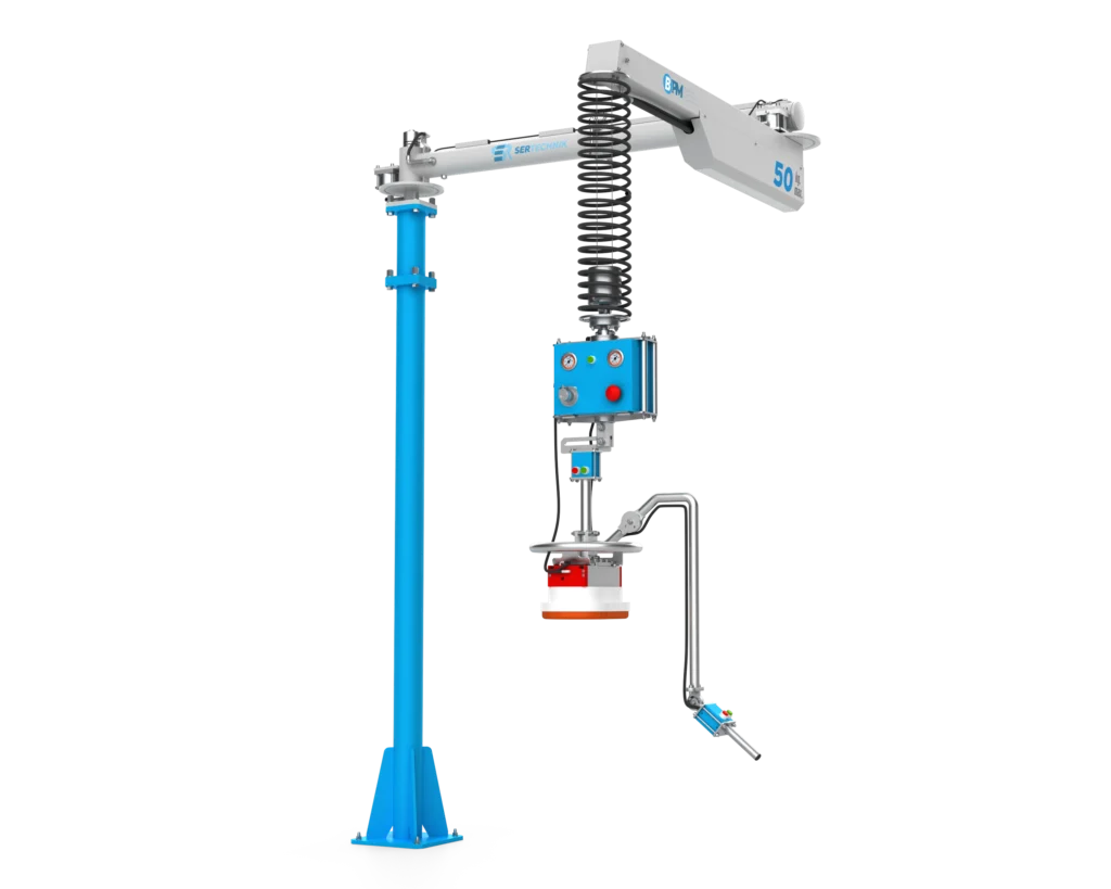 Vacful pneumatic vacuum manipulator mounted on a floor column handling boxes in an industrial workstation