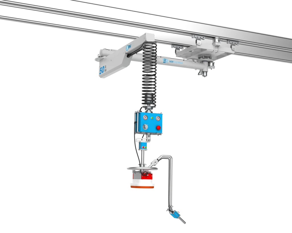 Vacful trolley-mounted vacuum manipulator travelling along an overhead rail system handling industrial packages