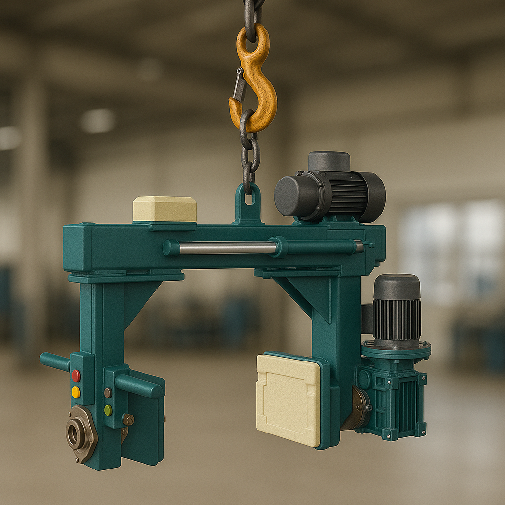Custom electric hydraulic gripper with powered 360 degree rotation for lifting and positioning heavy products at any angle